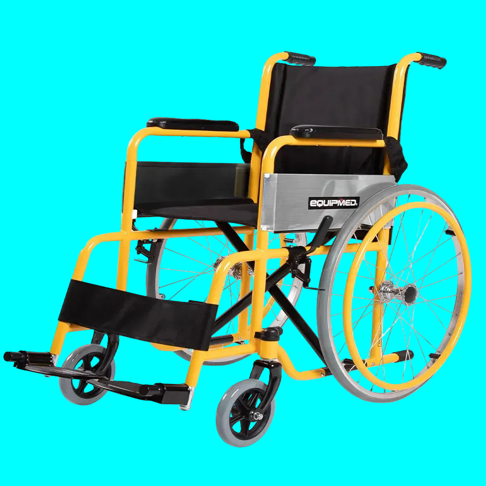 EQUIPMED Kids Wheelchair 100kg, Paediatric Design, Quick Folding, Adjustable Footrests, 110-140cm Height, 22" Wheels, Yellow