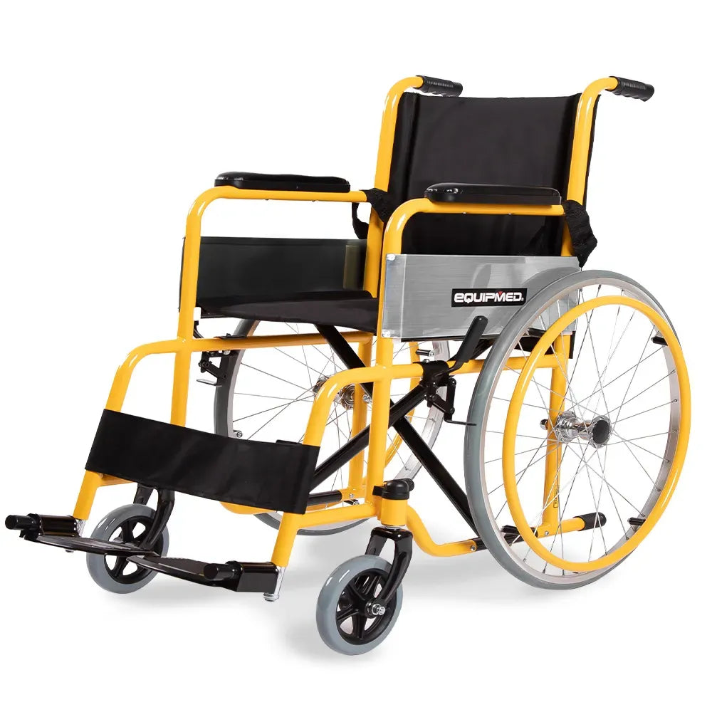 EQUIPMED Kids Wheelchair 100kg, Paediatric Design, Quick Folding, Adjustable Footrests, 110-140cm Height, 22" Wheels, Yellow