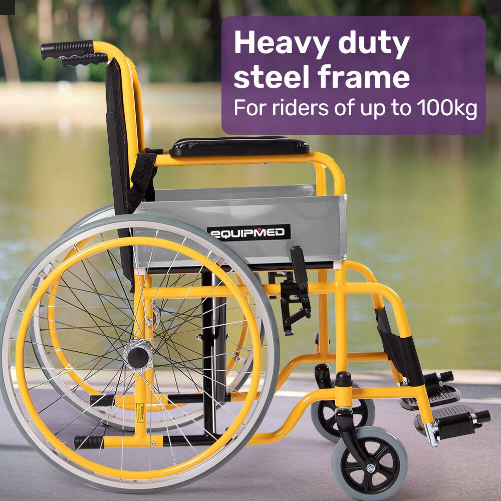 EQUIPMED Kids Wheelchair 100kg, Paediatric Design, Quick Folding, Adjustable Footrests, 110-140cm Height, 22" Wheels, Yellow