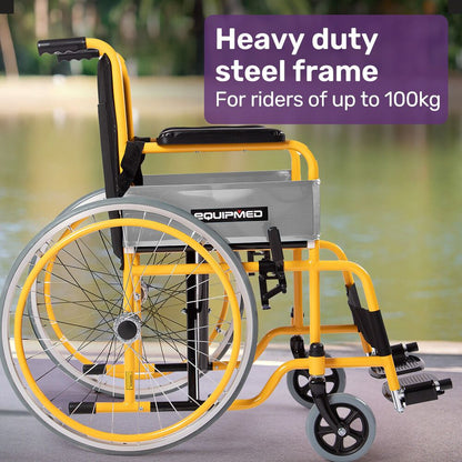 EQUIPMED Kids Wheelchair 100kg, Paediatric Design, Quick Folding, Adjustable Footrests, 110-140cm Height, 22" Wheels, Yellow