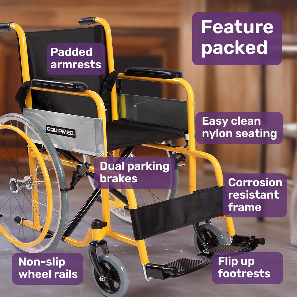 EQUIPMED Kids Wheelchair 100kg, Paediatric Design, Quick Folding, Adjustable Footrests, 110-140cm Height, 22" Wheels, Yellow