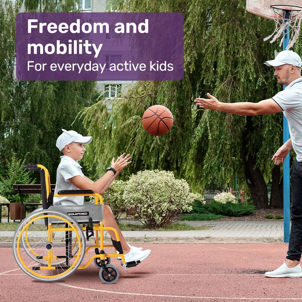 EQUIPMED Kids Wheelchair 100kg, Paediatric Design, Quick Folding, Adjustable Footrests, 110-140cm Height, 22" Wheels, Yellow