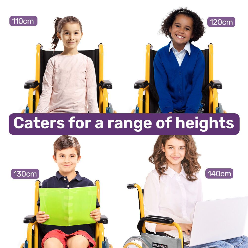 EQUIPMED Kids Wheelchair 100kg, Paediatric Design, Quick Folding, Adjustable Footrests, 110-140cm Height, 22" Wheels, Yellow