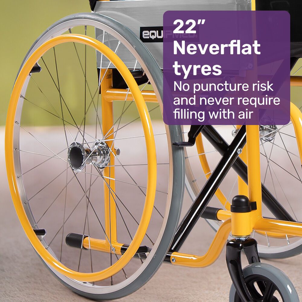 EQUIPMED Kids Wheelchair 100kg, Paediatric Design, Quick Folding, Adjustable Footrests, 110-140cm Height, 22" Wheels, Yellow
