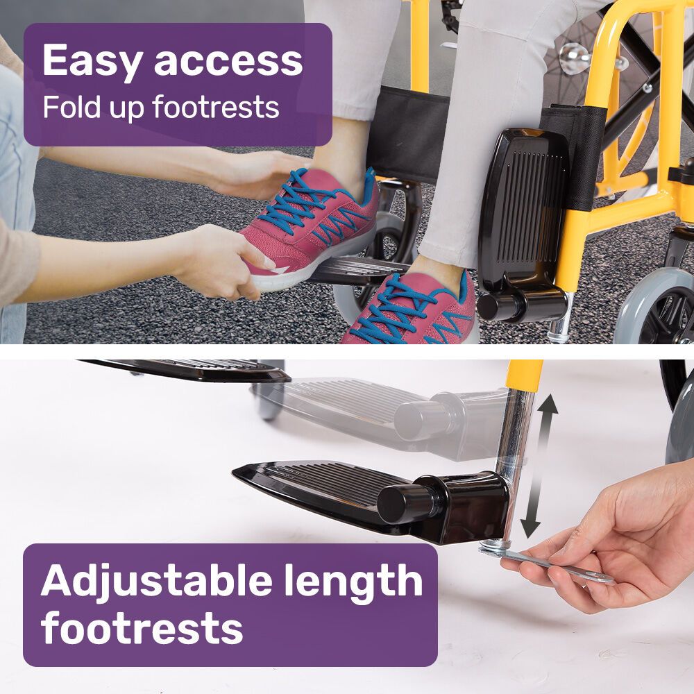 EQUIPMED Kids Wheelchair 100kg, Paediatric Design, Quick Folding, Adjustable Footrests, 110-140cm Height, 22" Wheels, Yellow