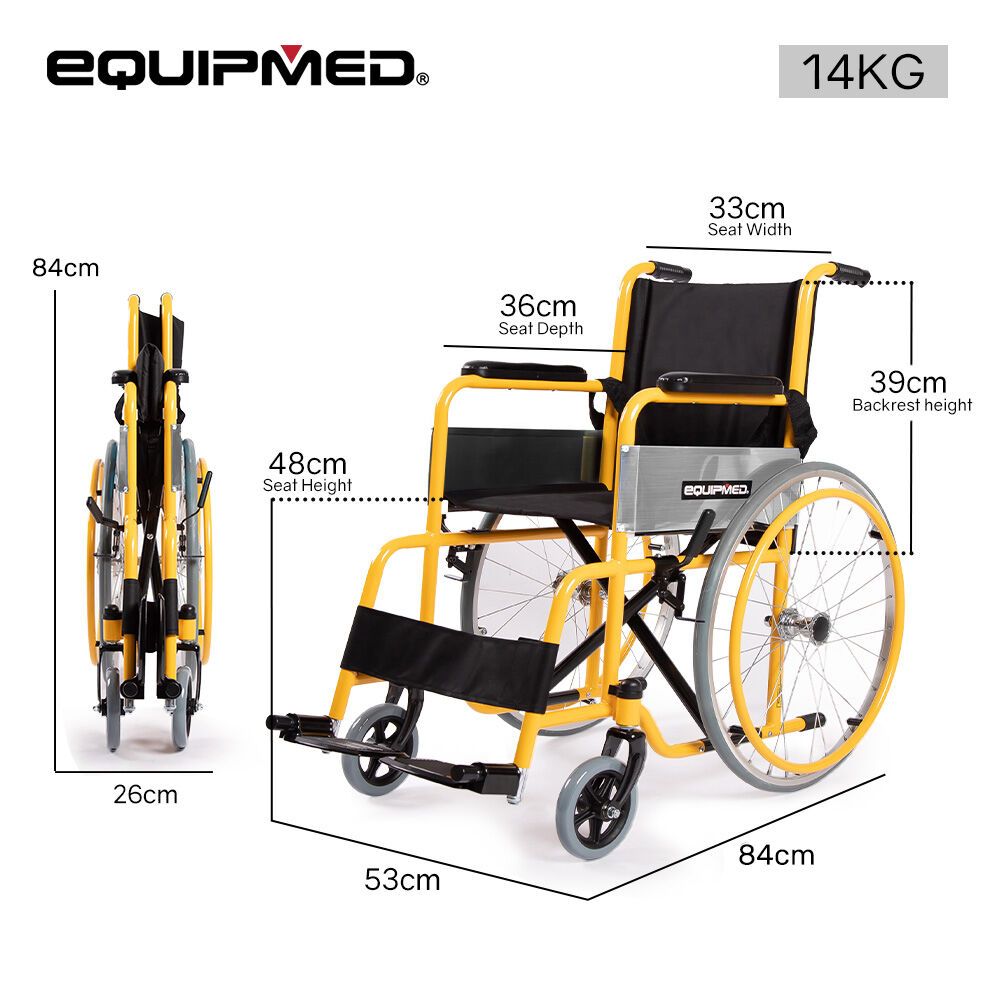 EQUIPMED Kids Wheelchair 100kg, Paediatric Design, Quick Folding, Adjustable Footrests, 110-140cm Height, 22" Wheels, Yellow