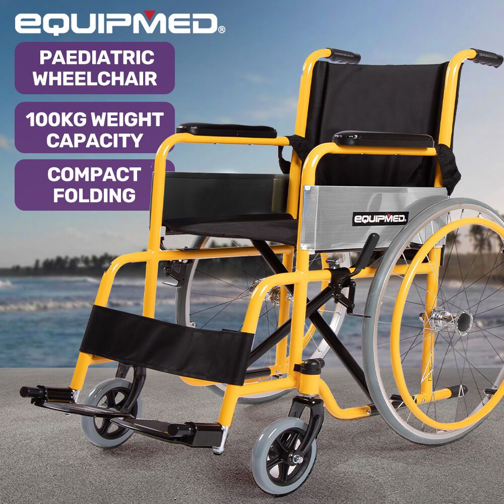 EQUIPMED Kids Wheelchair 100kg, Paediatric Design, Quick Folding, Adjustable Footrests, 110-140cm Height, 22" Wheels, Yellow