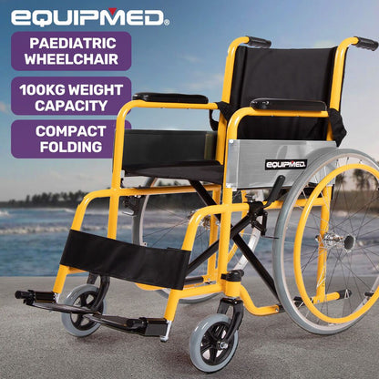 EQUIPMED Kids Wheelchair 100kg, Paediatric Design, Quick Folding, Adjustable Footrests, 110-140cm Height, 22" Wheels, Yellow