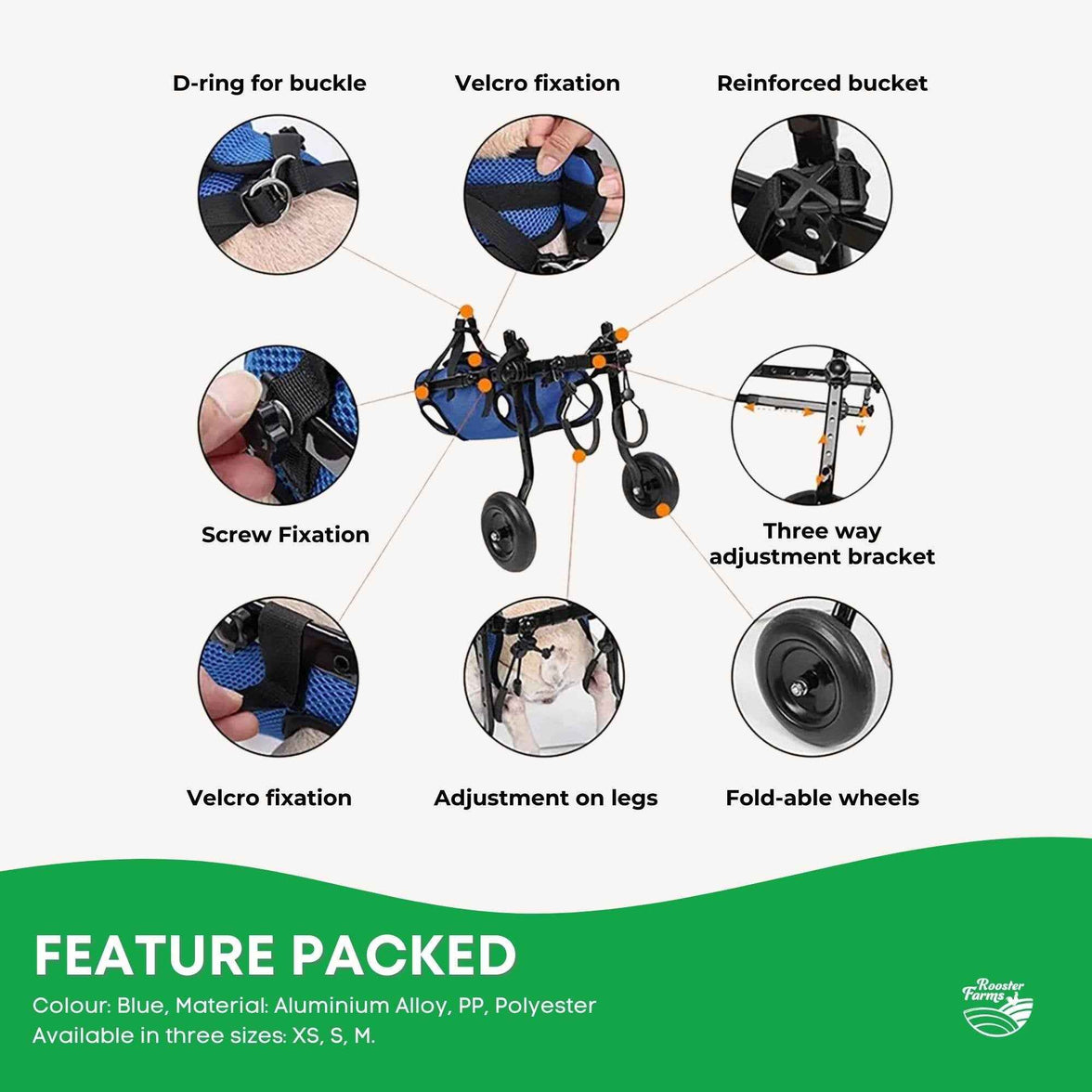 Rooster Farms Little Dog Wheelchair XS Harness - Adjustable Back Leg Aid