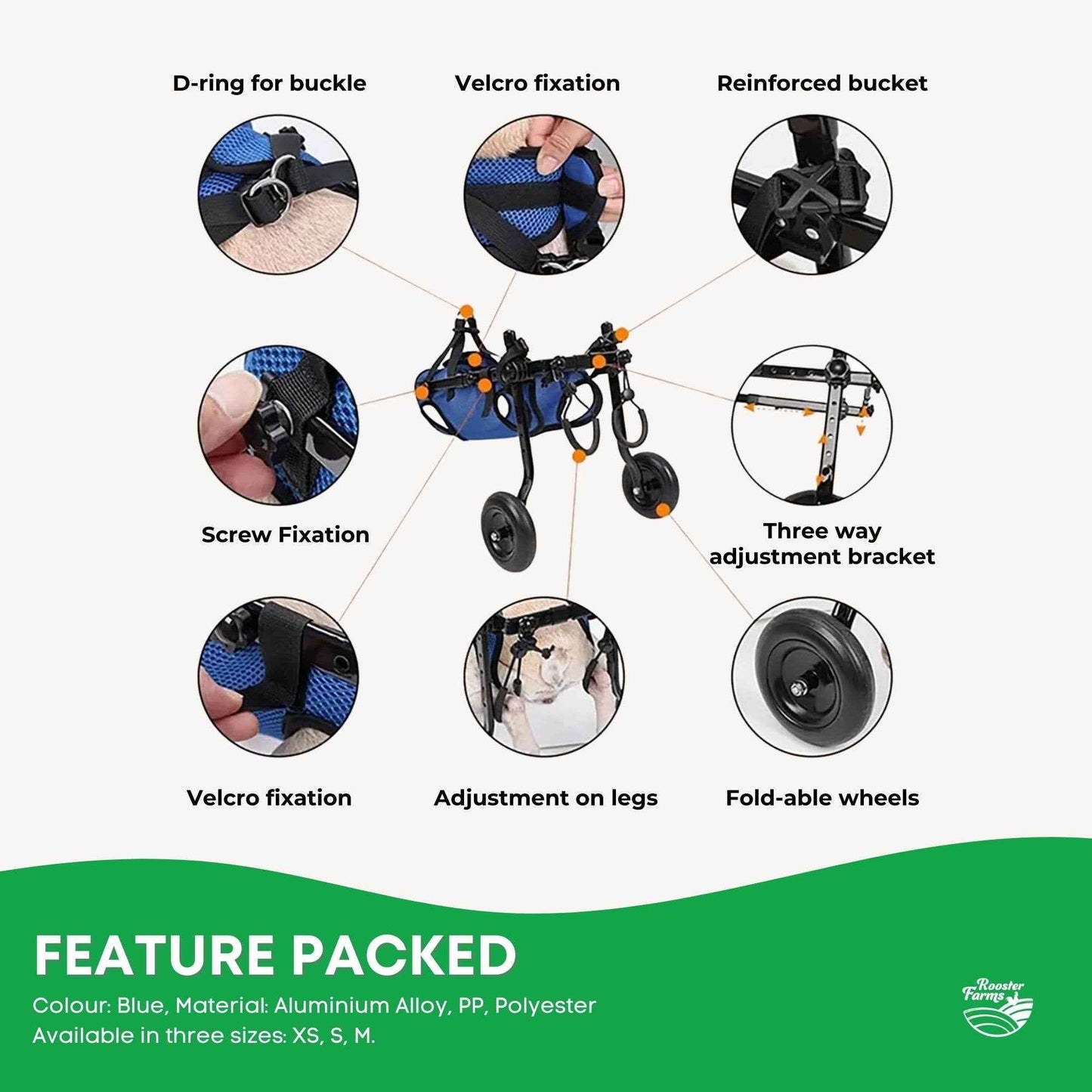 Rooster Farms Little Dog Wheelchair XS Harness - Adjustable Back Leg Aid