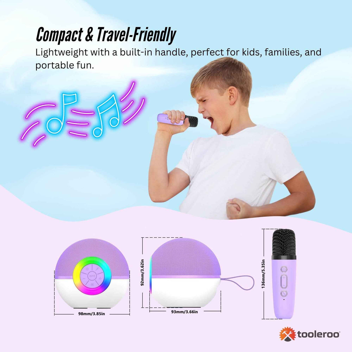 Mini Karaoke Machine - 2x Wireless Microphones Portable Bluetooth Speaker Purple