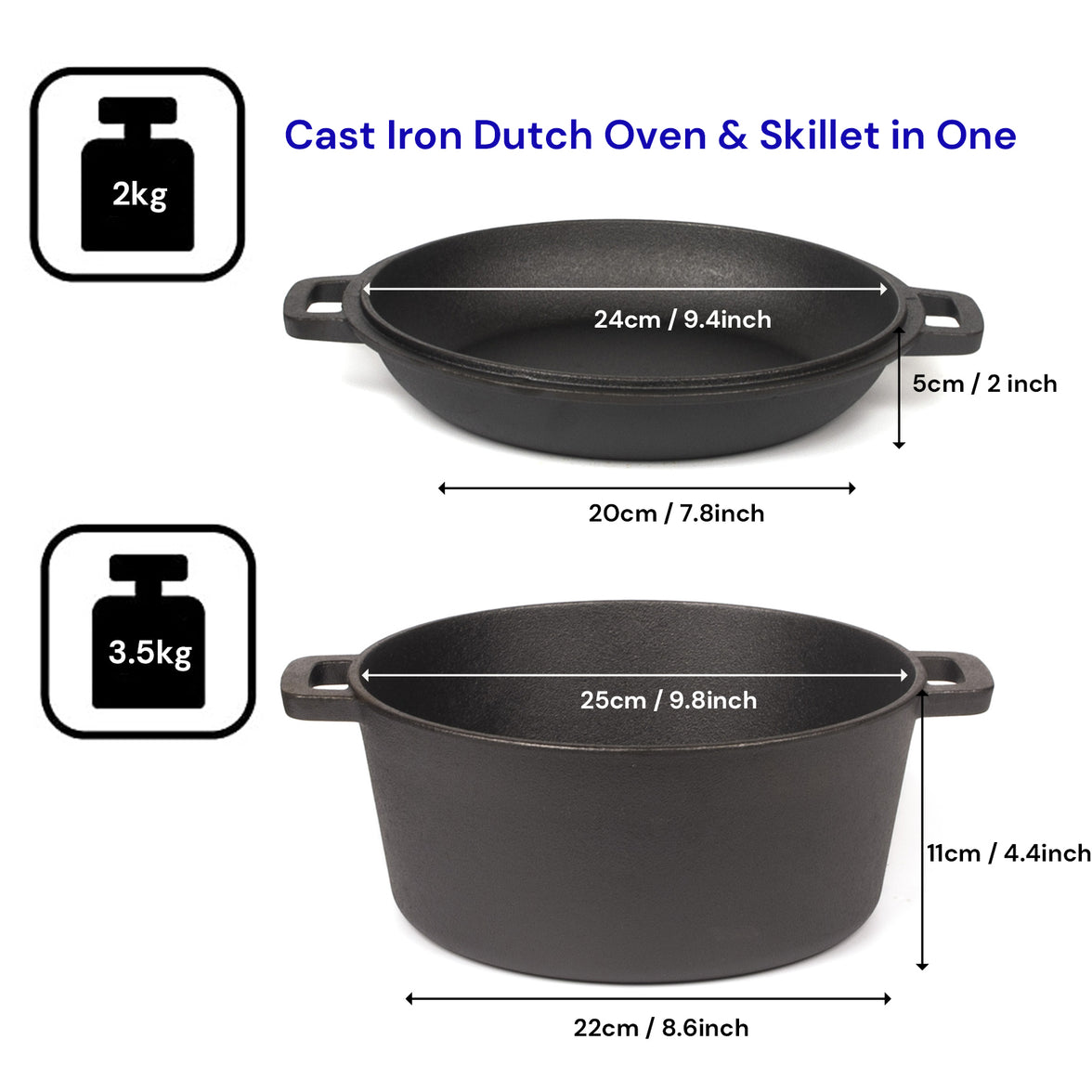 26cm Pre-Seasoned Cast Iron Dutch Oven Skillet Set - Durable 2-in-1 Cookware with Lid