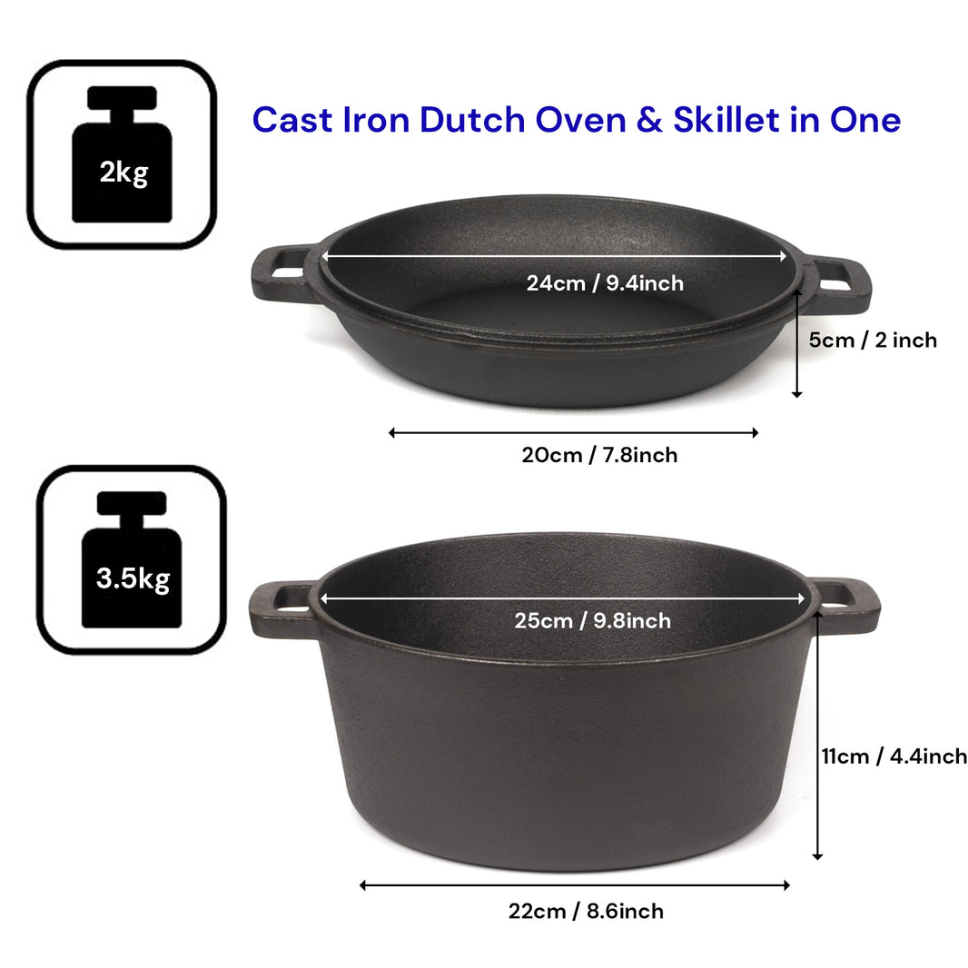 26cm Pre-Seasoned Cast Iron Dutch Oven Skillet Set - Durable 2-in-1 Cookware with Lid