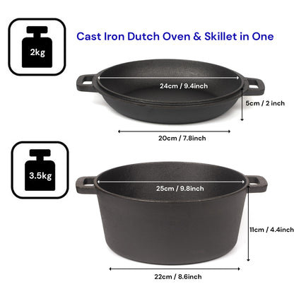 26cm Pre-Seasoned Cast Iron Dutch Oven Skillet Set - Durable 2-in-1 Cookware with Lid