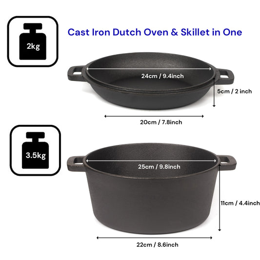 26cm Pre-Seasoned Cast Iron Dutch Oven Skillet Set - Durable 2-in-1 Cookware with Lid
