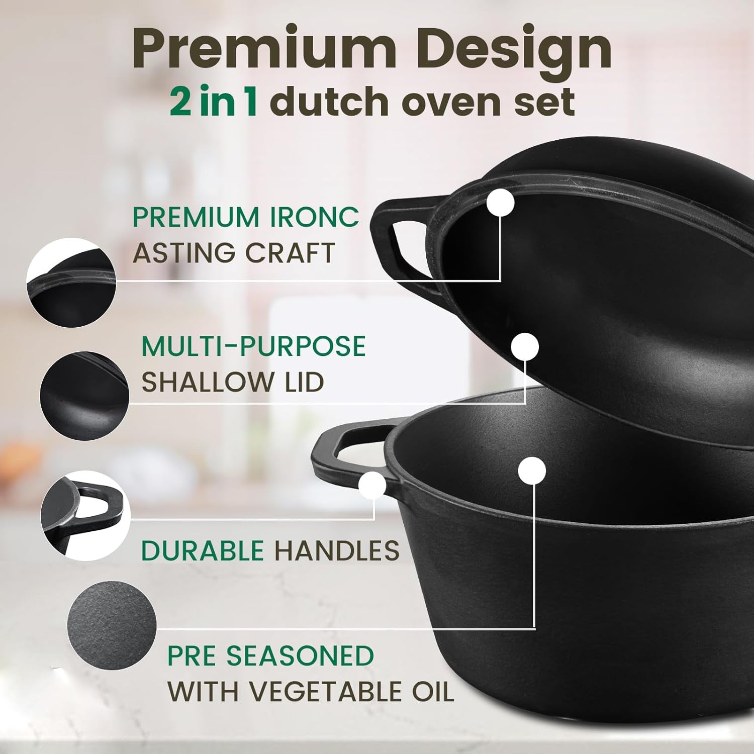 26cm Pre-Seasoned Cast Iron Dutch Oven Skillet Set - Durable 2-in-1 Cookware with Lid
