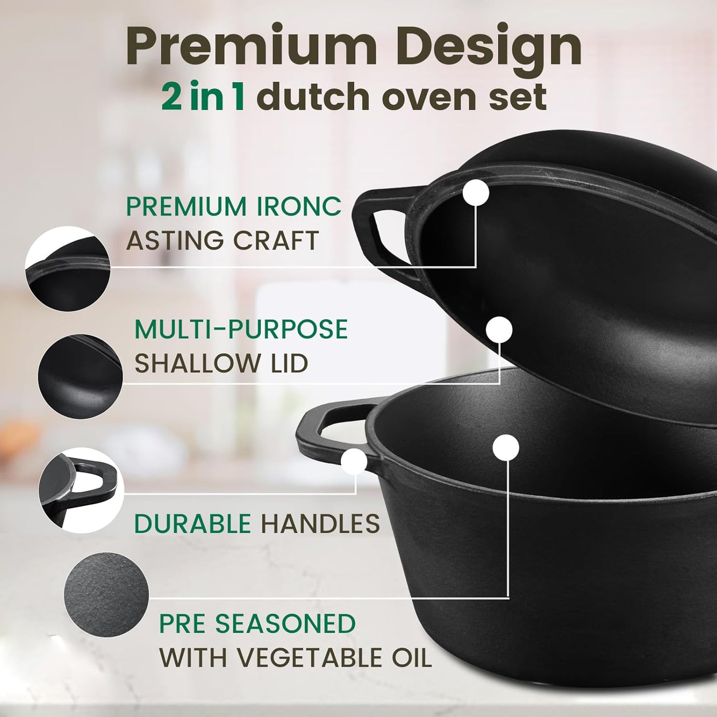 26cm Pre-Seasoned Cast Iron Dutch Oven Skillet Set - Durable 2-in-1 Cookware with Lid