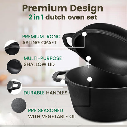 26cm Pre-Seasoned Cast Iron Dutch Oven Skillet Set - Durable 2-in-1 Cookware with Lid