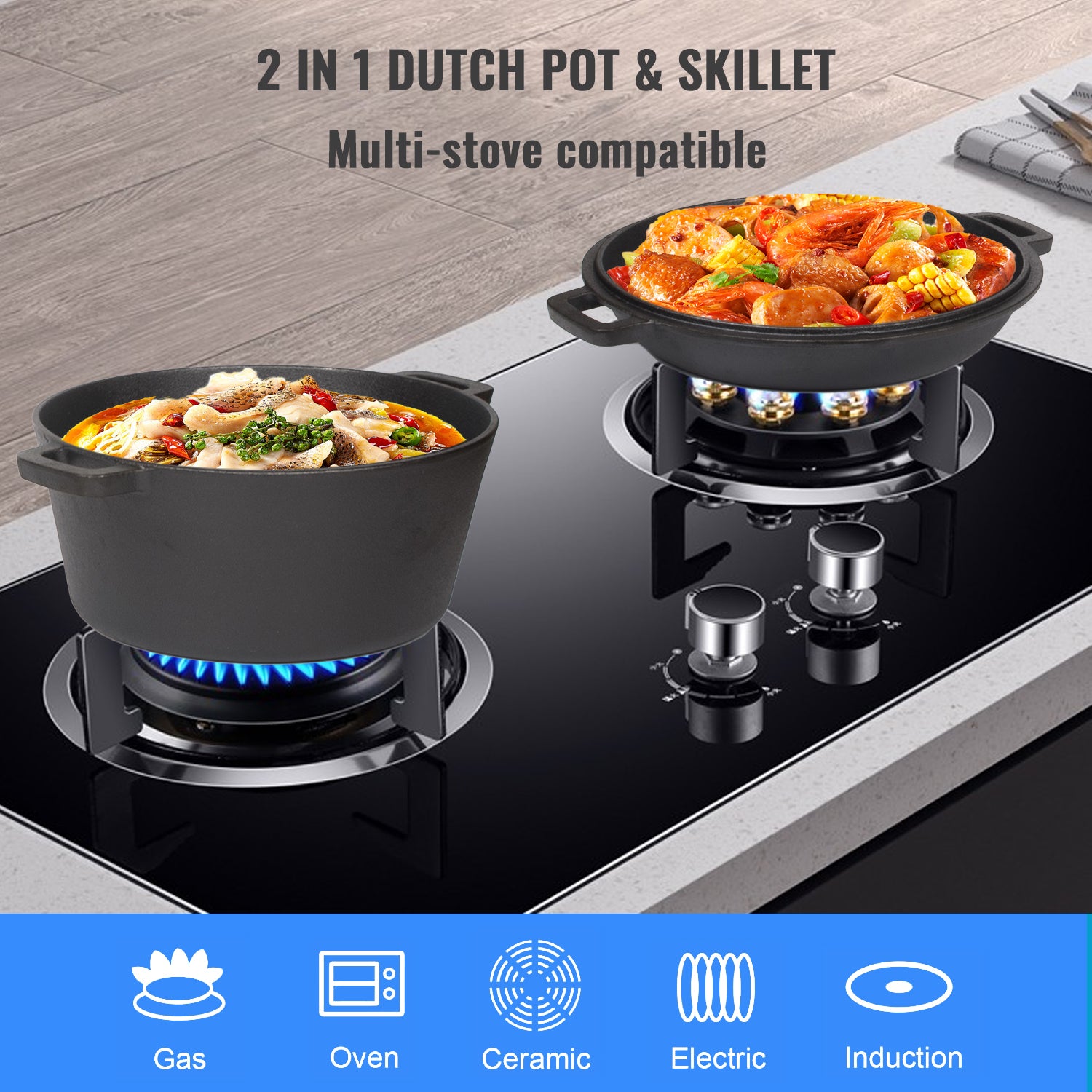 26cm Pre-Seasoned Cast Iron Dutch Oven Skillet Set - Durable 2-in-1 Cookware with Lid