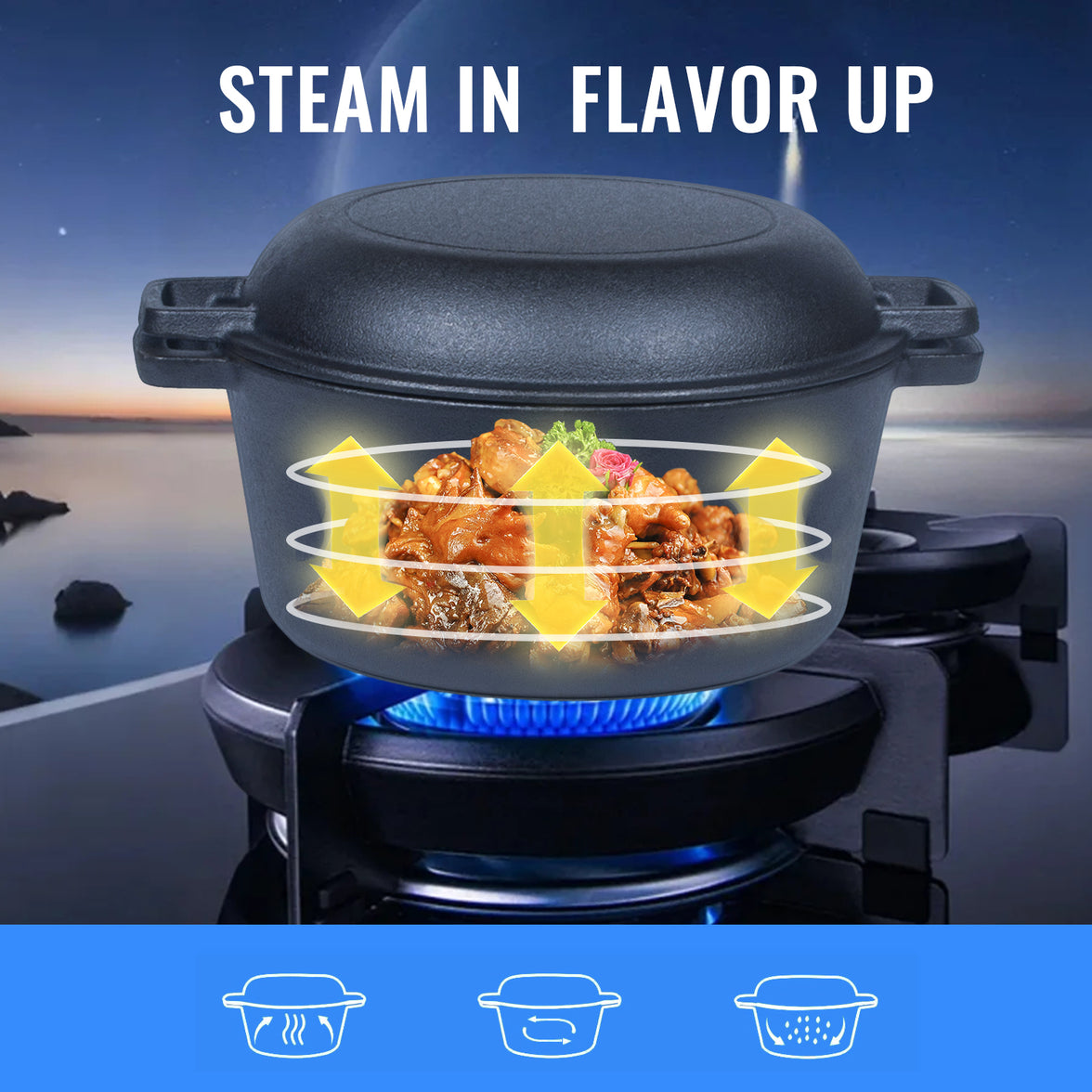 26cm Pre-Seasoned Cast Iron Dutch Oven Skillet Set - Durable 2-in-1 Cookware with Lid