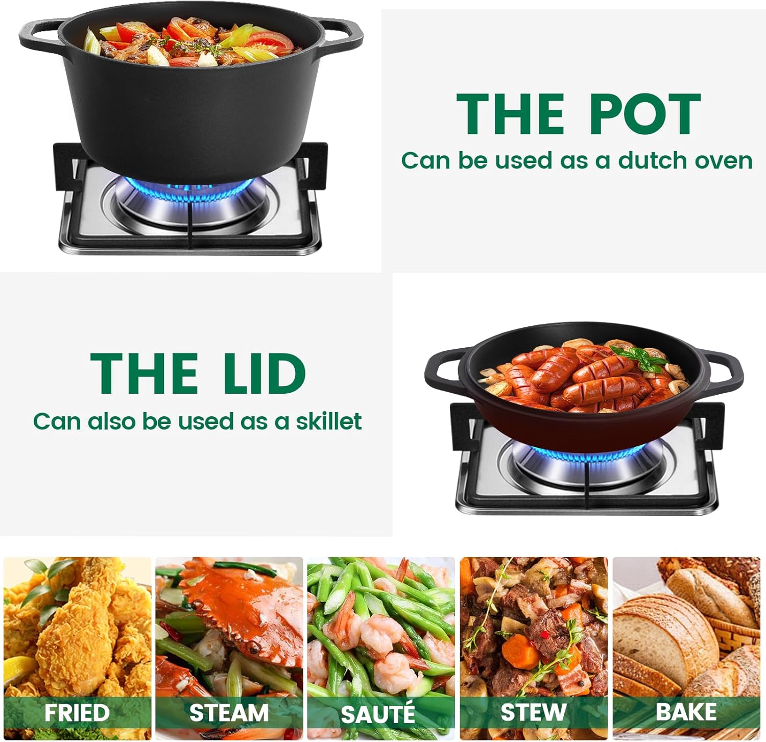 26cm Pre-Seasoned Cast Iron Dutch Oven Skillet Set - Durable 2-in-1 Cookware with Lid