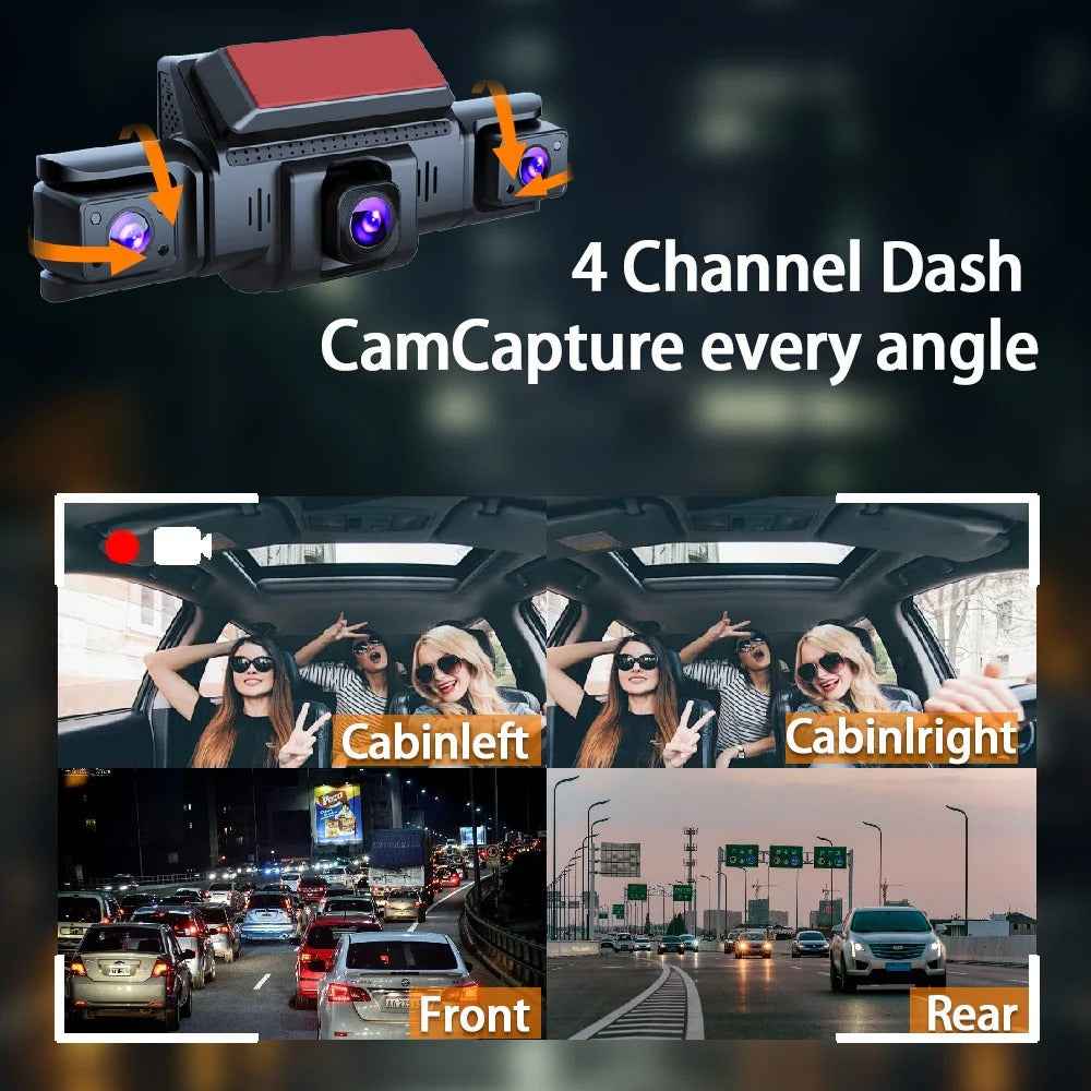 4 Channel Dashcam 1080P FHD 170° Wide Angle with G-Sensor and 64GB Card