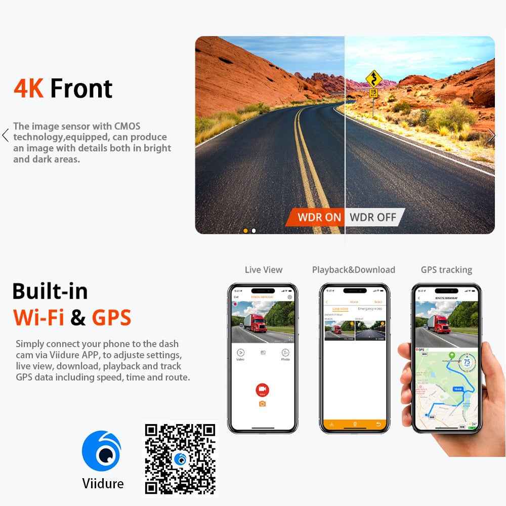 4K Dual Dash Cam with WiFi GPS ADAS | Front and Rear Car Camera Recorder + 32GB Card