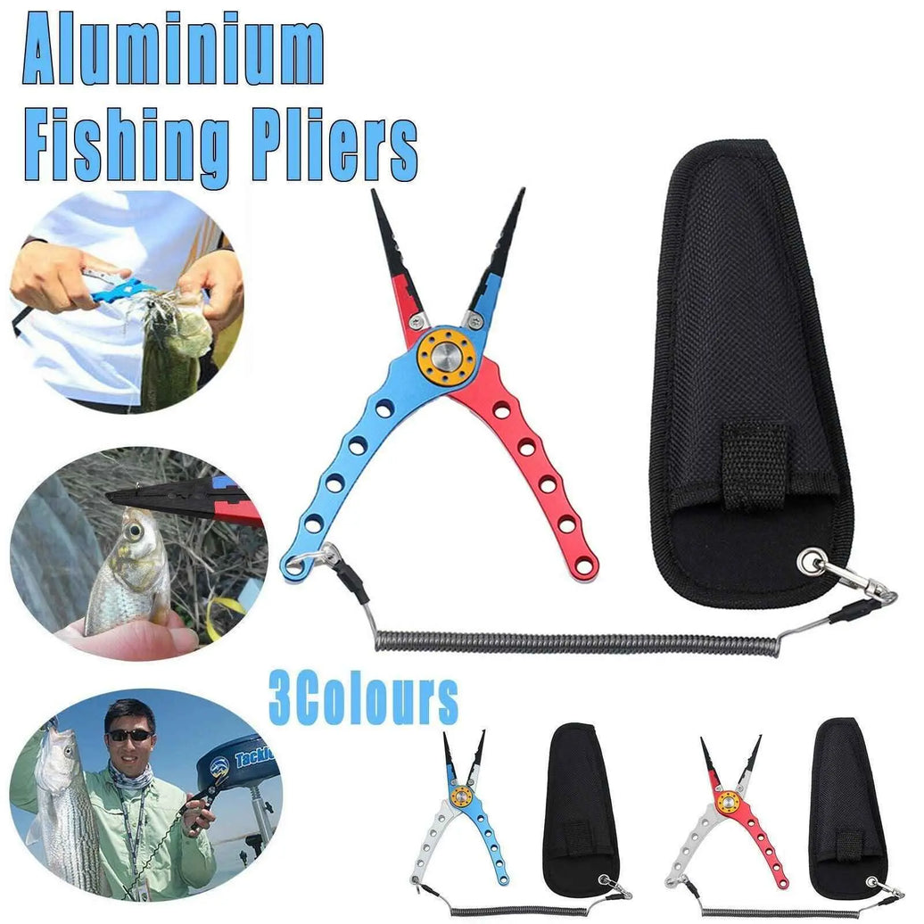 Aluminium Fishing Pliers Hook Remover Line Cutter Braid Mono Split Ring Fish Grip - Red+Silver