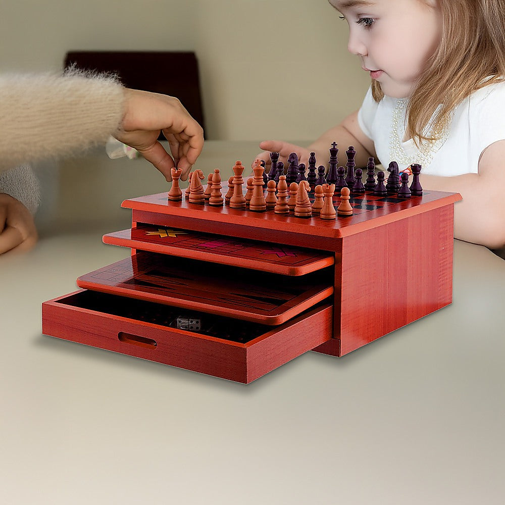 10 in 1 Wooden Chess Set - Slide Out Checkers House Unit Game