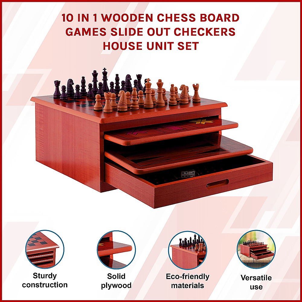 10 in 1 Wooden Chess Set - Slide Out Checkers House Unit Game
