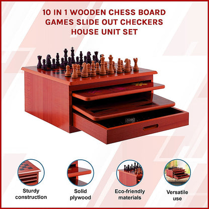 10 in 1 Wooden Chess Set - Slide Out Checkers House Unit Game