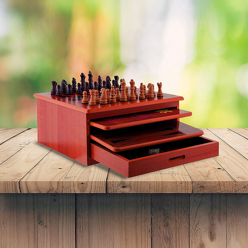 10 in 1 Wooden Chess Set - Slide Out Checkers House Unit Game