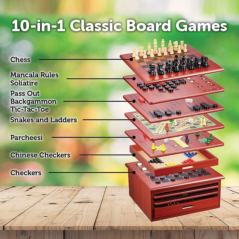 10 in 1 Wooden Chess Set - Slide Out Checkers House Unit Game