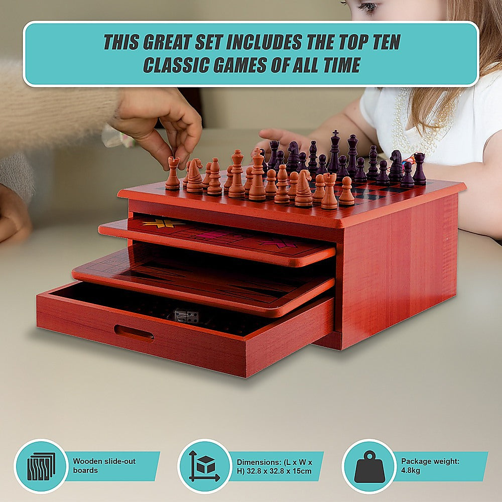 10 in 1 Wooden Chess Set - Slide Out Checkers House Unit Game