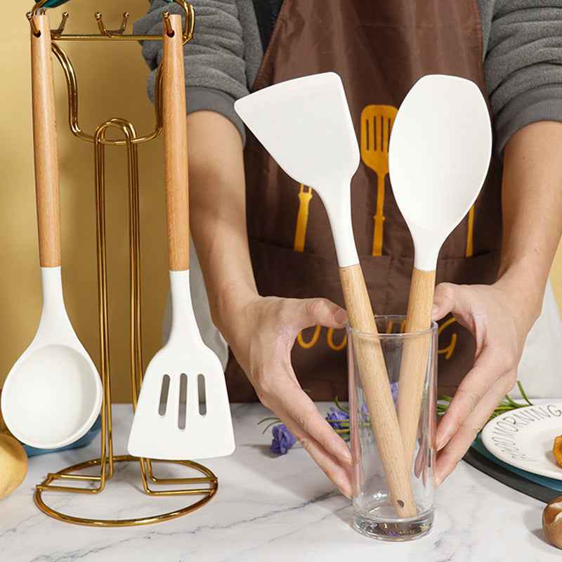 White 11-Piece Silicone Kitchen Utensil Set with Wooden Handles and Storage Bucket - Heat Resistant and Non-Stick - Donsdropshipstore.com
