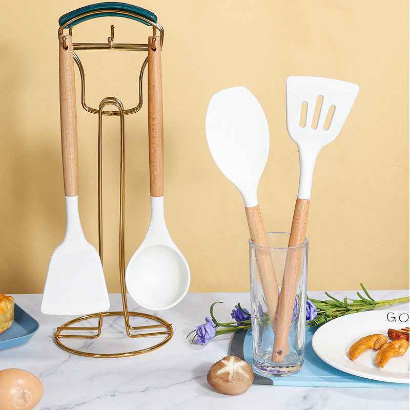White 11-Piece Silicone Kitchen Utensil Set with Wooden Handles and Storage Bucket - Heat Resistant and Non-Stick - Donsdropshipstore.com