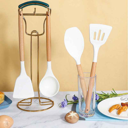 White 11-Piece Silicone Kitchen Utensil Set with Wooden Handles and Storage Bucket - Heat Resistant and Non-Stick - Donsdropshipstore.com