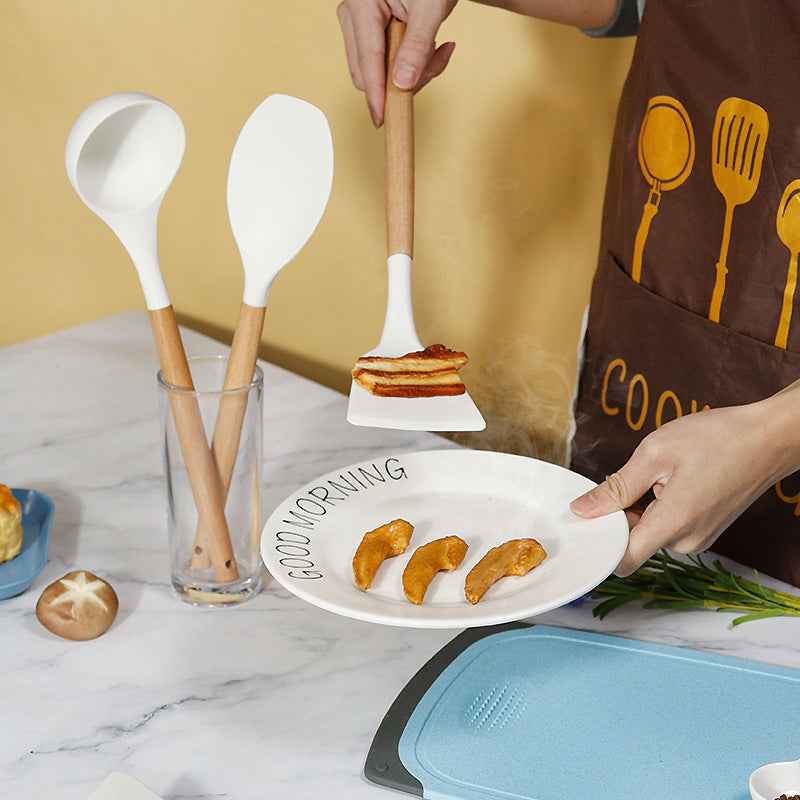 White 11-Piece Silicone Kitchen Utensil Set with Wooden Handles and Storage Bucket - Heat Resistant and Non-Stick - Donsdropshipstore.com