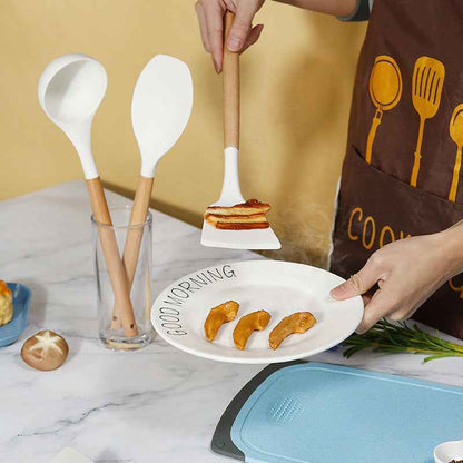 White 11-Piece Silicone Kitchen Utensil Set with Wooden Handles and Storage Bucket - Heat Resistant and Non-Stick - Donsdropshipstore.com