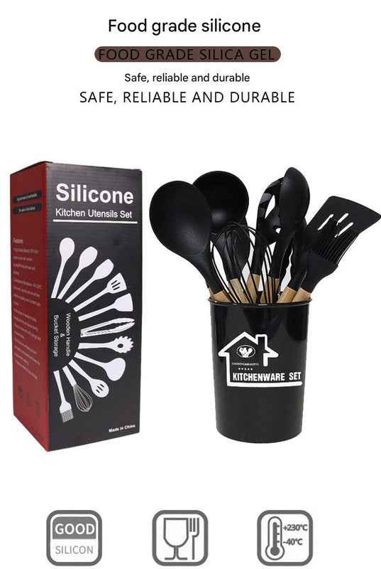 White 11-Piece Silicone Kitchen Utensil Set with Wooden Handles and Storage Bucket - Heat Resistant and Non-Stick - Donsdropshipstore.com