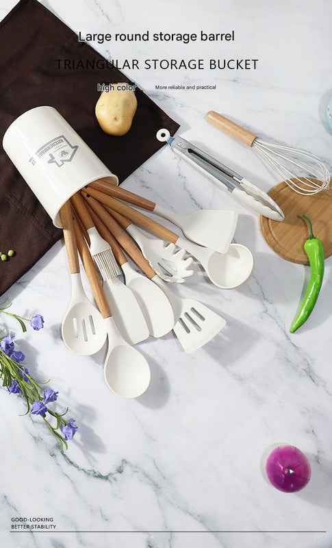 White 11-Piece Silicone Kitchen Utensil Set with Wooden Handles and Storage Bucket - Heat Resistant and Non-Stick - Donsdropshipstore.com