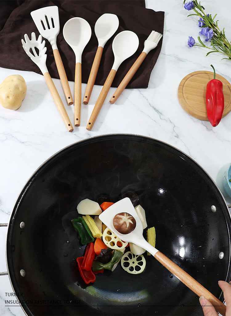 White 11-Piece Silicone Kitchen Utensil Set with Wooden Handles and Storage Bucket - Heat Resistant and Non-Stick - Donsdropshipstore.com