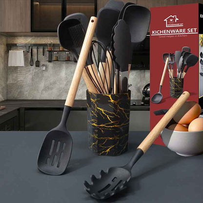 Blue 12-Piece Silicone Cooking Utensil Set - Non-Stick Food-Grade Kitchen Tools with Holder
