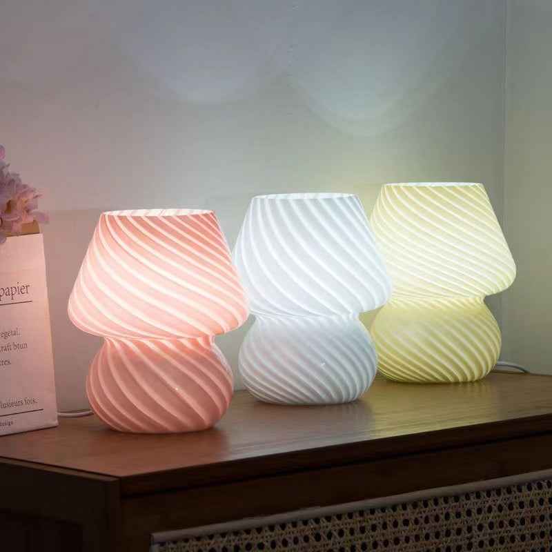White Retro Swirl Glass Mushroom Table Lamp - USB Powered 3-Level Dimmable Bedside Accent Light