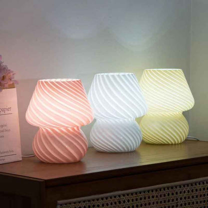 White Retro Swirl Glass Mushroom Table Lamp - USB Powered 3-Level Dimmable Bedside Accent Light