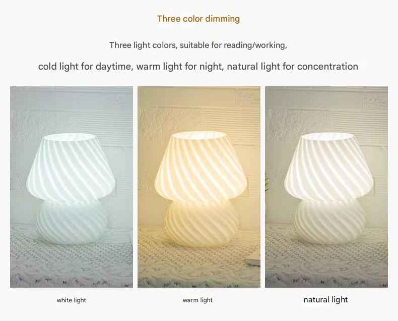 White Retro Swirl Glass Mushroom Table Lamp - USB Powered 3-Level Dimmable Bedside Accent Light