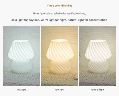 White Retro Swirl Glass Mushroom Table Lamp - USB Powered 3-Level Dimmable Bedside Accent Light