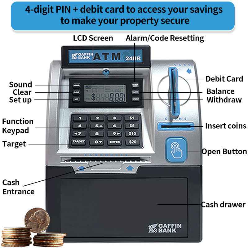 Kids ATM Savings Bank - Electronic Piggy Bank with Debit Card, PIN(Blue)