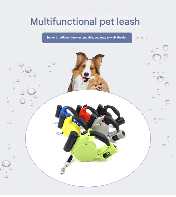 Yellow Retractable Dog Leash with LED Flashlight & Poop Bag Dispenser - Heavy Duty Tangle-Free Leash for Safe Night Walks