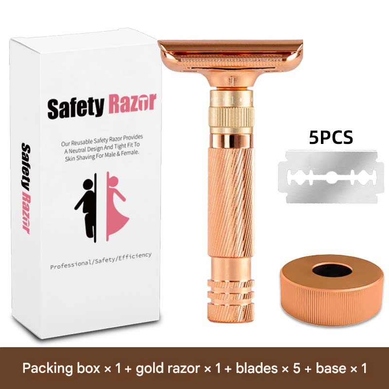Rose Gold Adjustable Safety Razor Kit - Premium Double Edge Razor with 8-Setting Precision Shave, Stand & 5 Blades